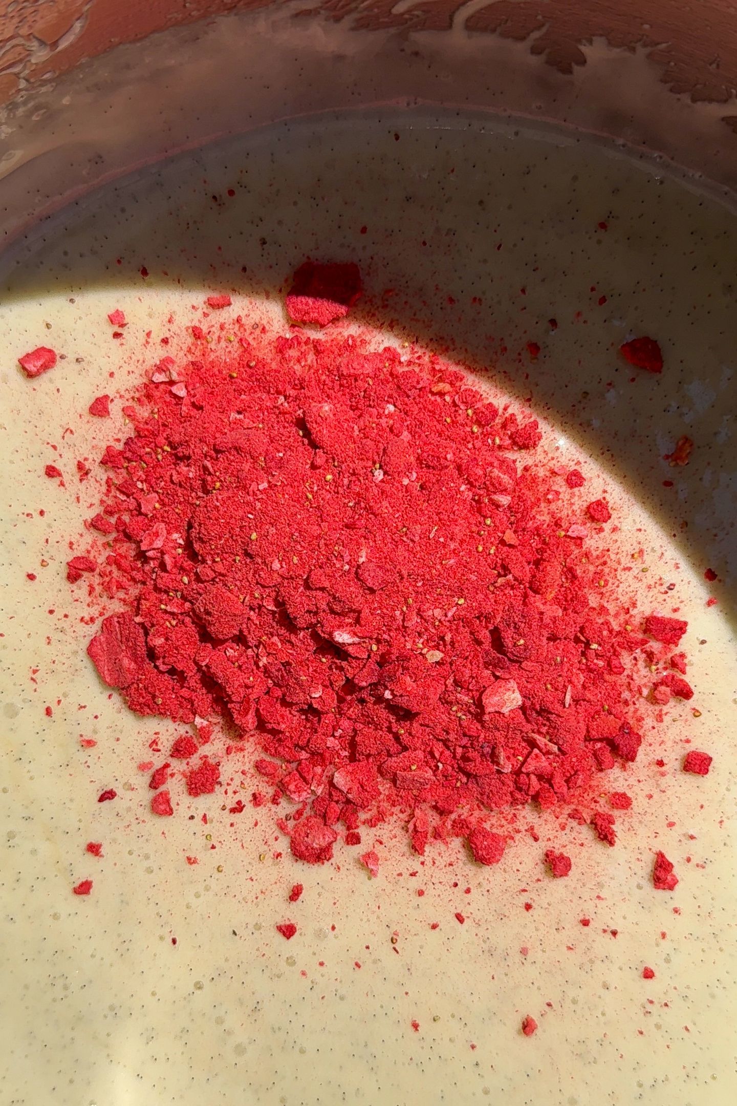 Crushed freeze-dried strawberries added to the marshmallow mixture.