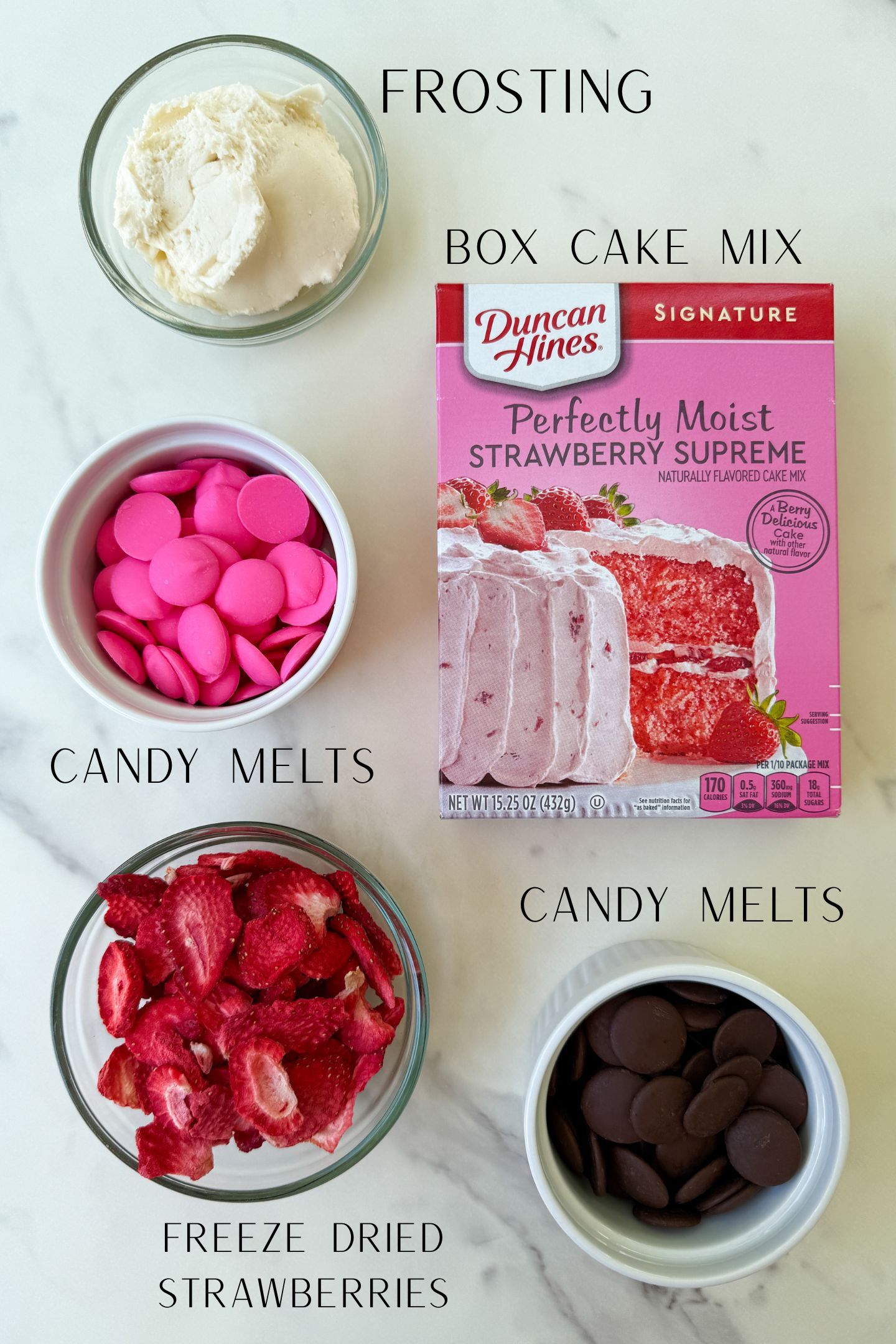 Ingredients measured out in bowls to make strawberry cake pops.