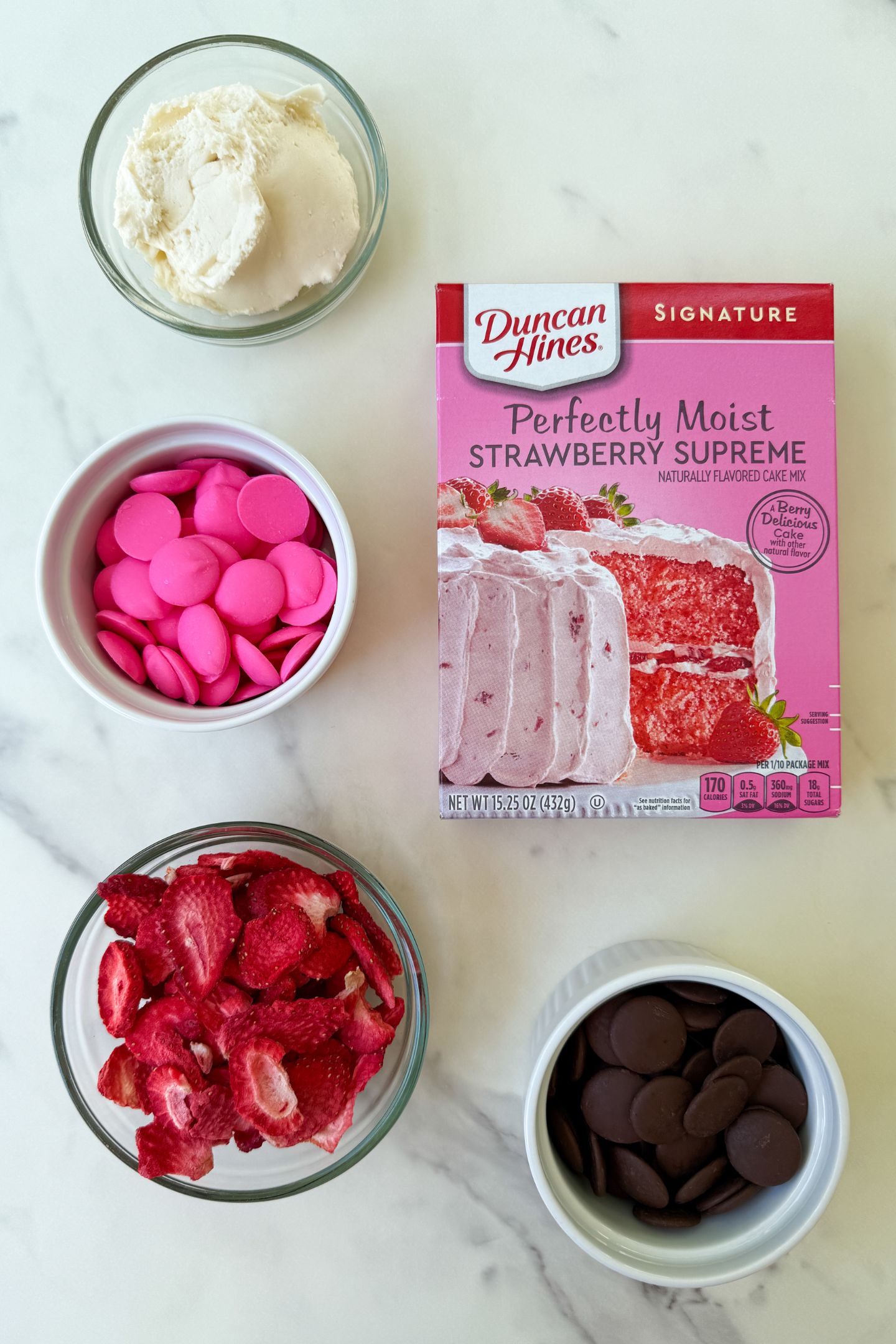 Ingredients measured out to make strawberry cake pops.