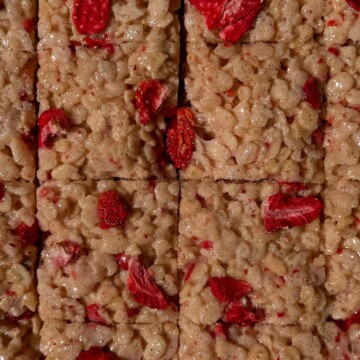 Sliced Rice Krispie Treats with freeze-dried strawberries throughout.