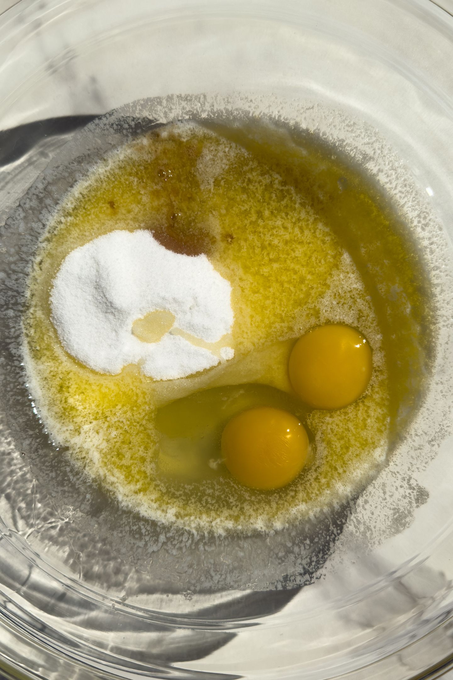 Wet ingredients in a mixing bowl.