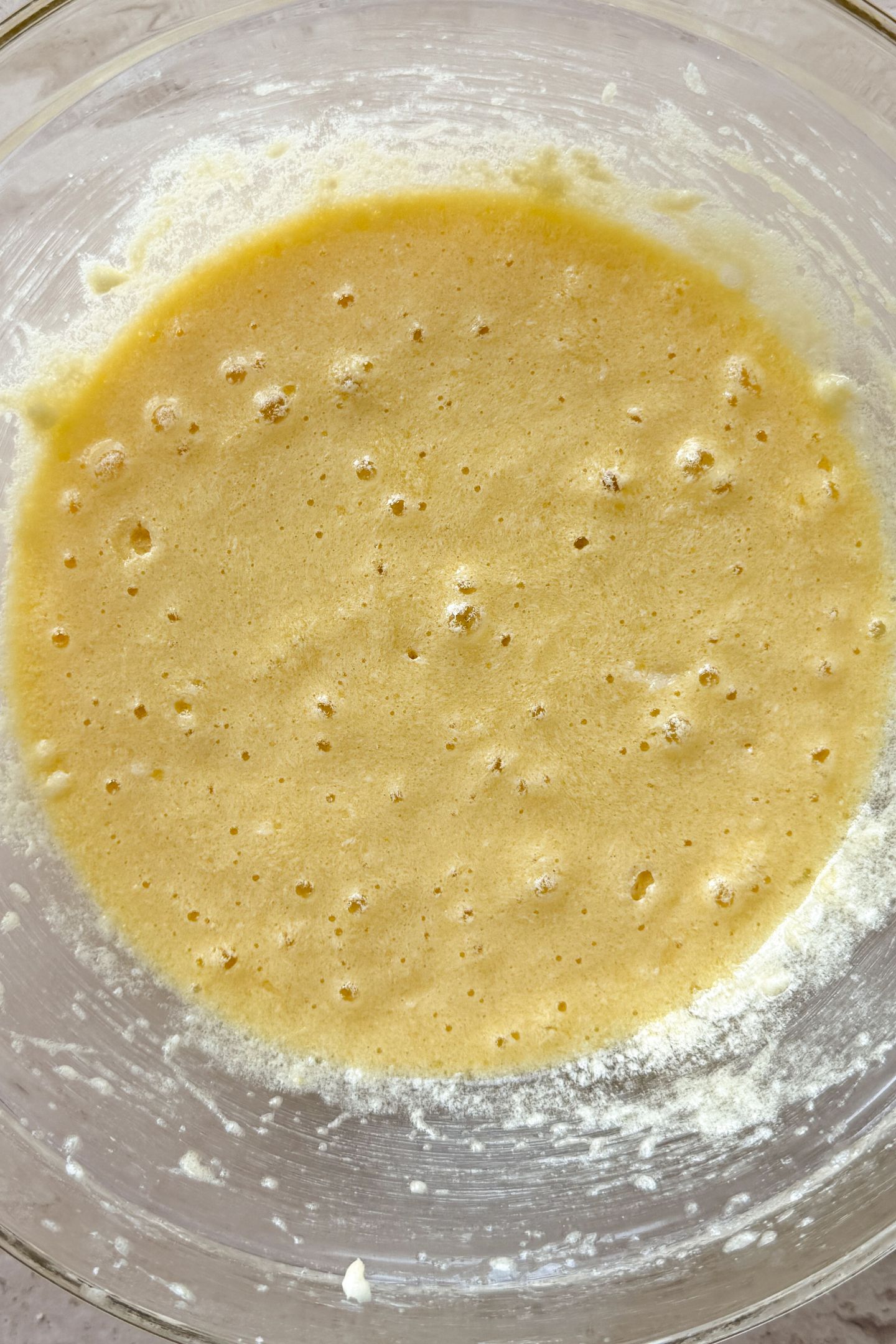 Wet ingredients blended together in the bowl.