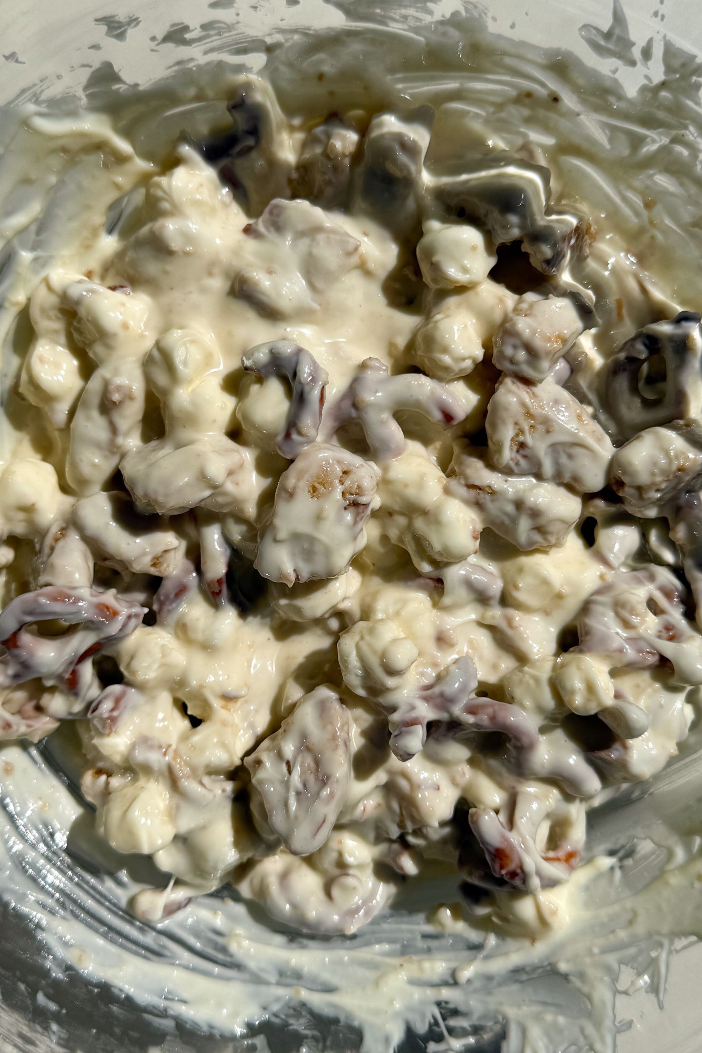 White chocolate mixed with the pretzels, shortbread cookies and mini marshmallows.