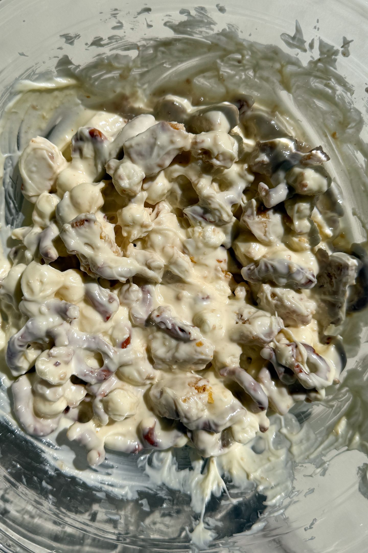 White chocolate mixed with the pretzels, shortbread cookies and mini marshmallows.