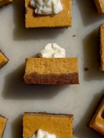 Side view of a pumpkin cheesecake bar.