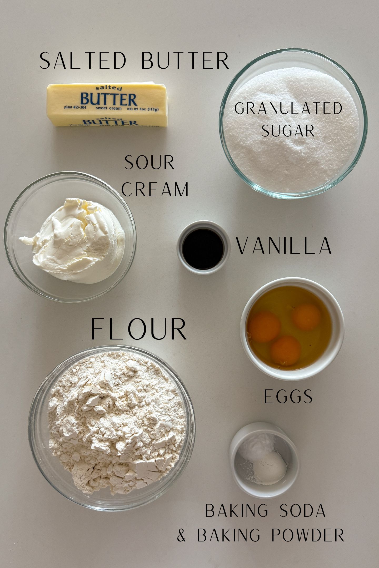 The ingredients measured out in bowls to make the coffee cake batter.