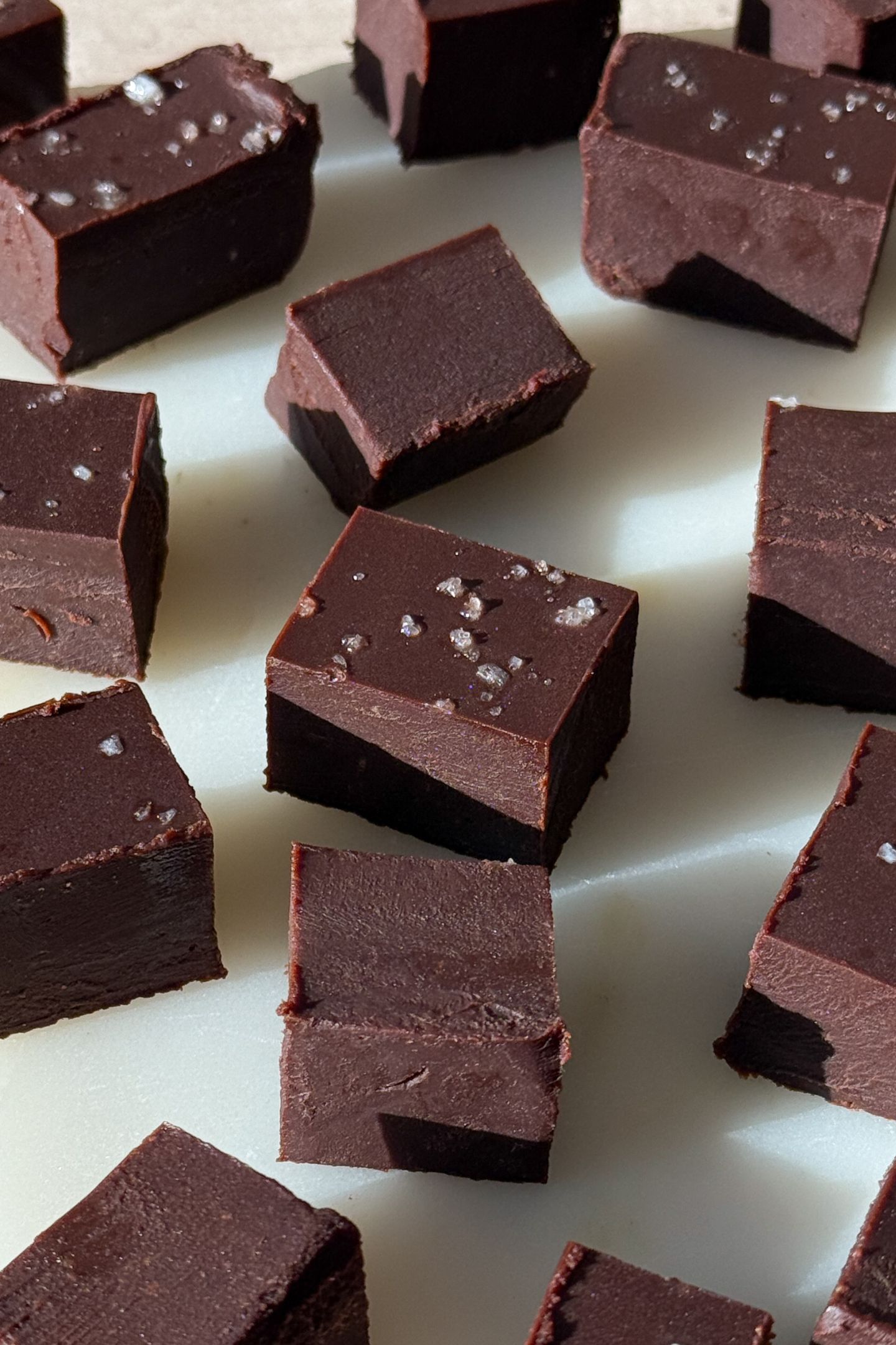 Slices of chocolate fudge on a platter.