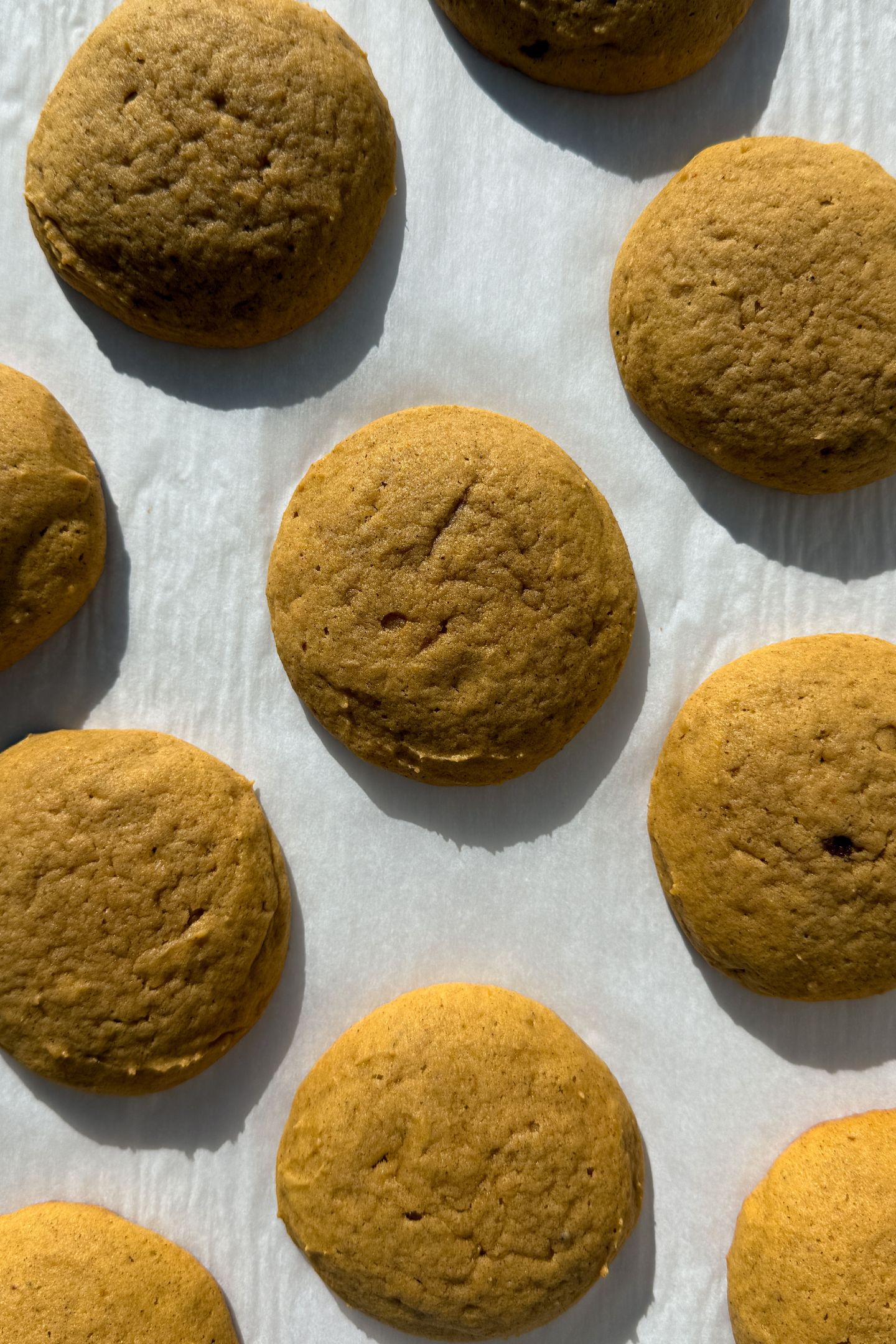 Baked pumpkin cookies on a baking sheet lined with parchment paper.