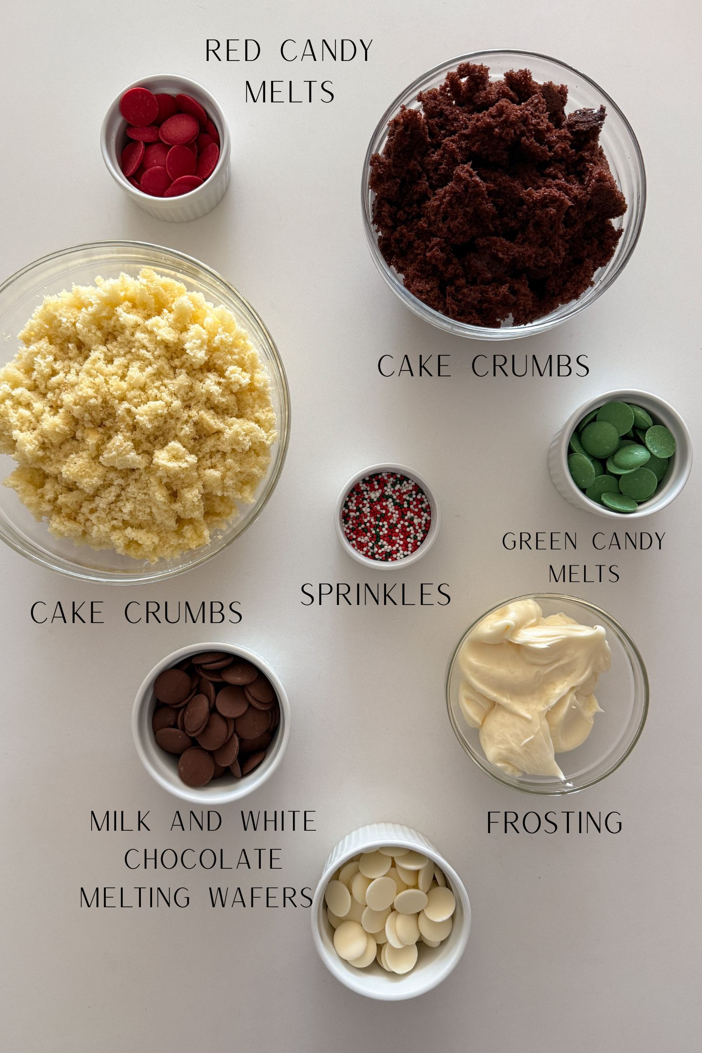 Ingredients measured out in bowls to make the Christmas cake pops.
