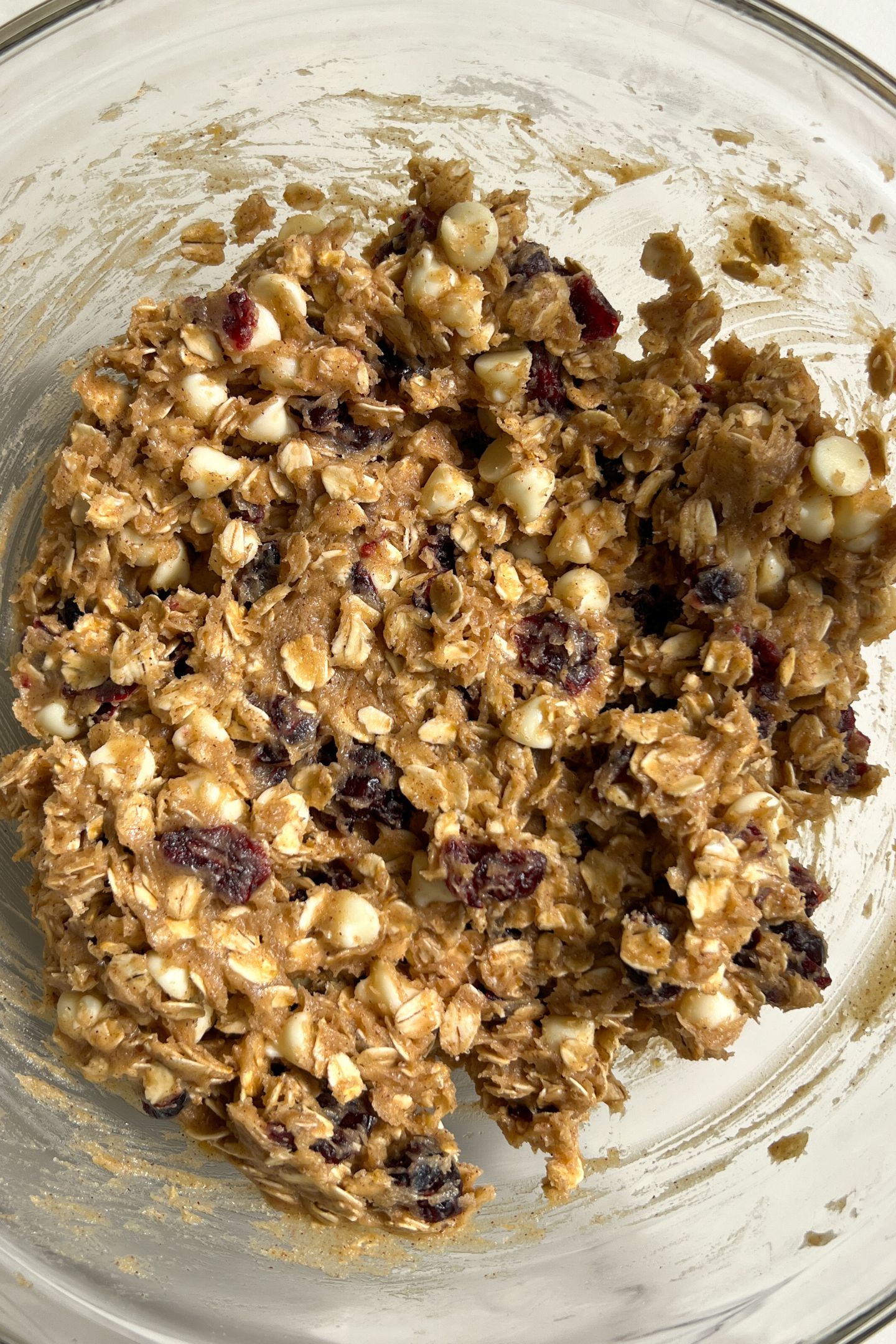 Dried cranberries and white chocolate chips mixed into the cookie dough batter.