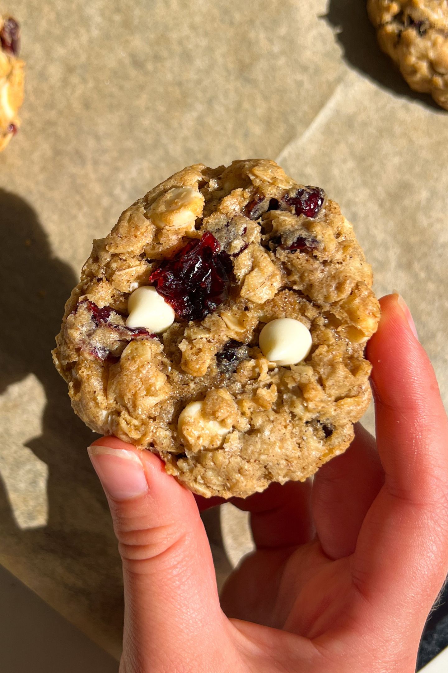 Holding a White Chocolate Cranberry Cookie in my hand.
