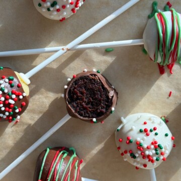 Christmas Cake Pop with a bite taken out of it.