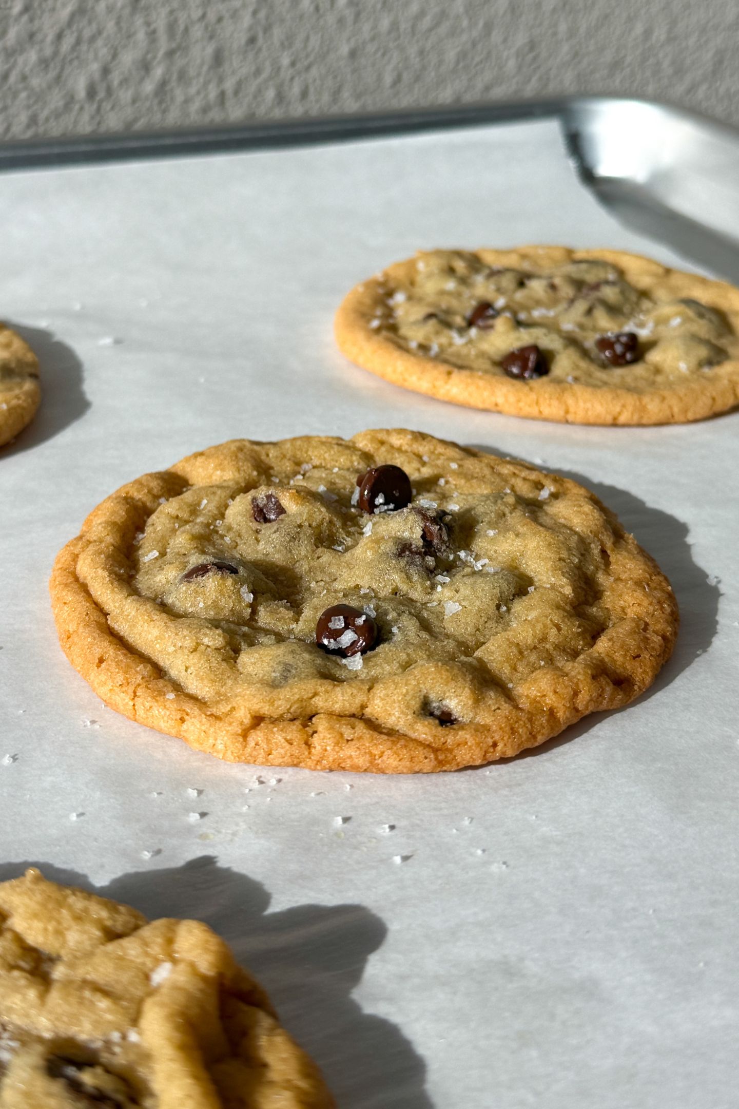 Baked thin chocolate chip cookies on parchment paper.