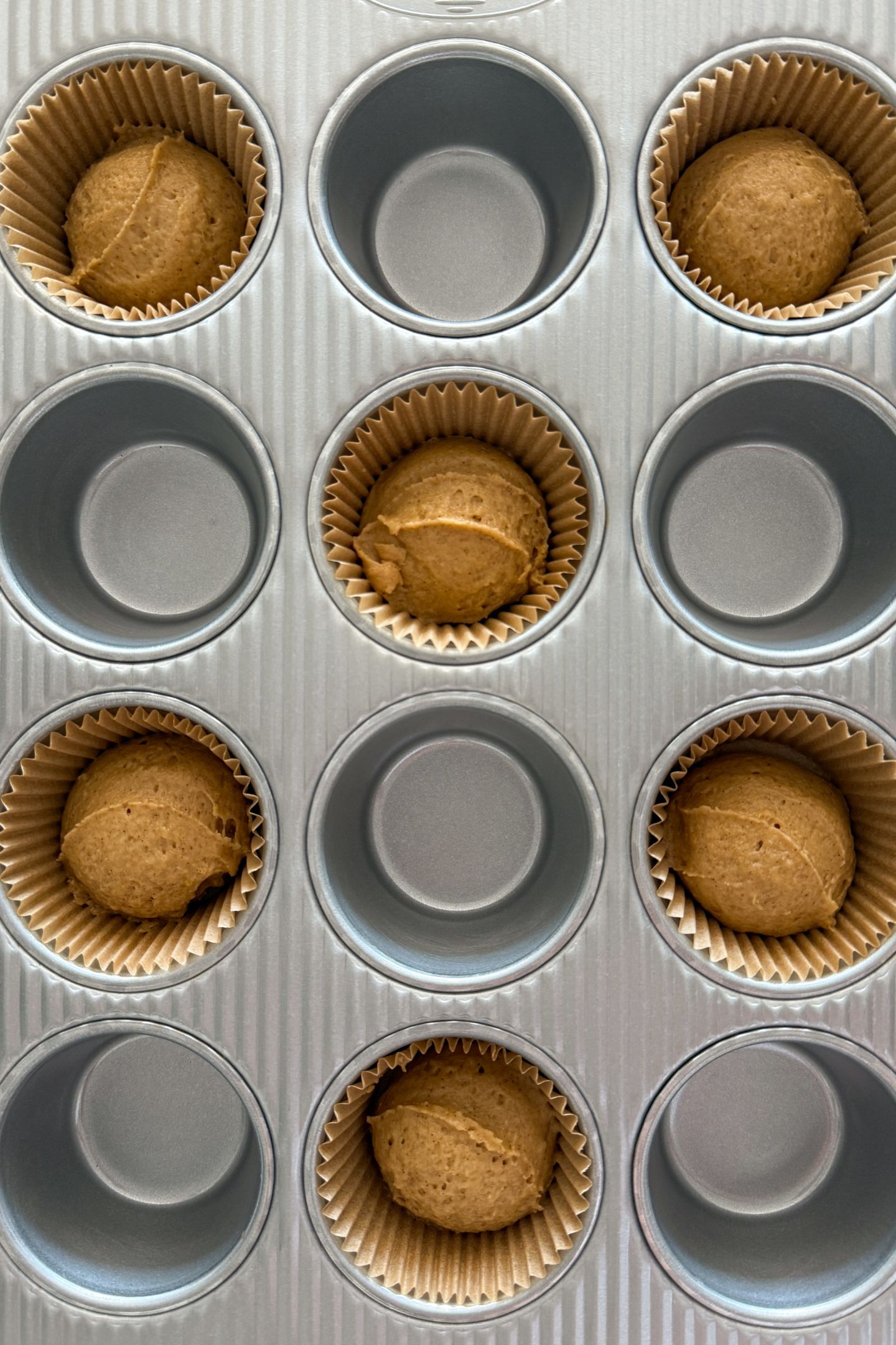Muffin batter transfered to muffin liners.