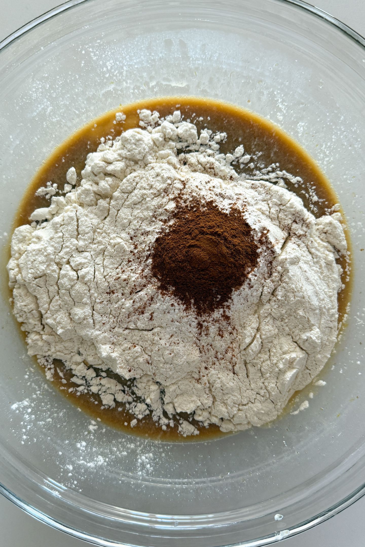 Dry ingredients added to the wet.