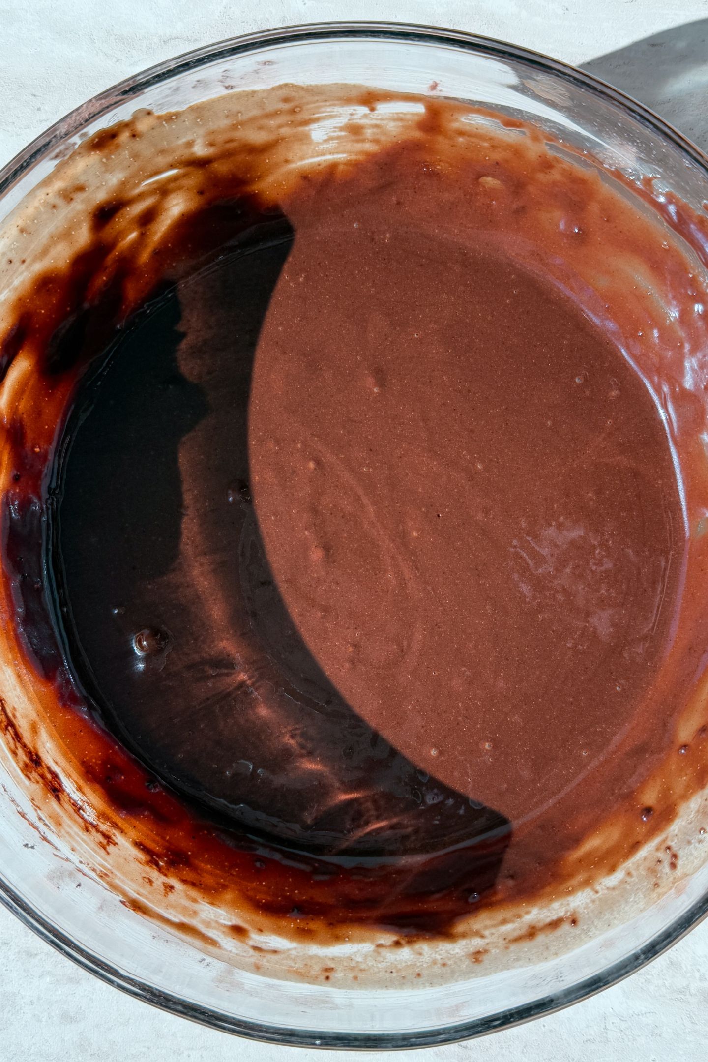 Chocolate cake batter in the mixing bowl.
