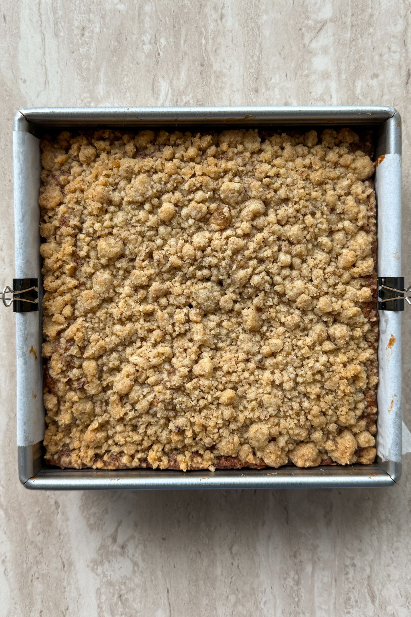 Baked banana coffee cake in a pan.