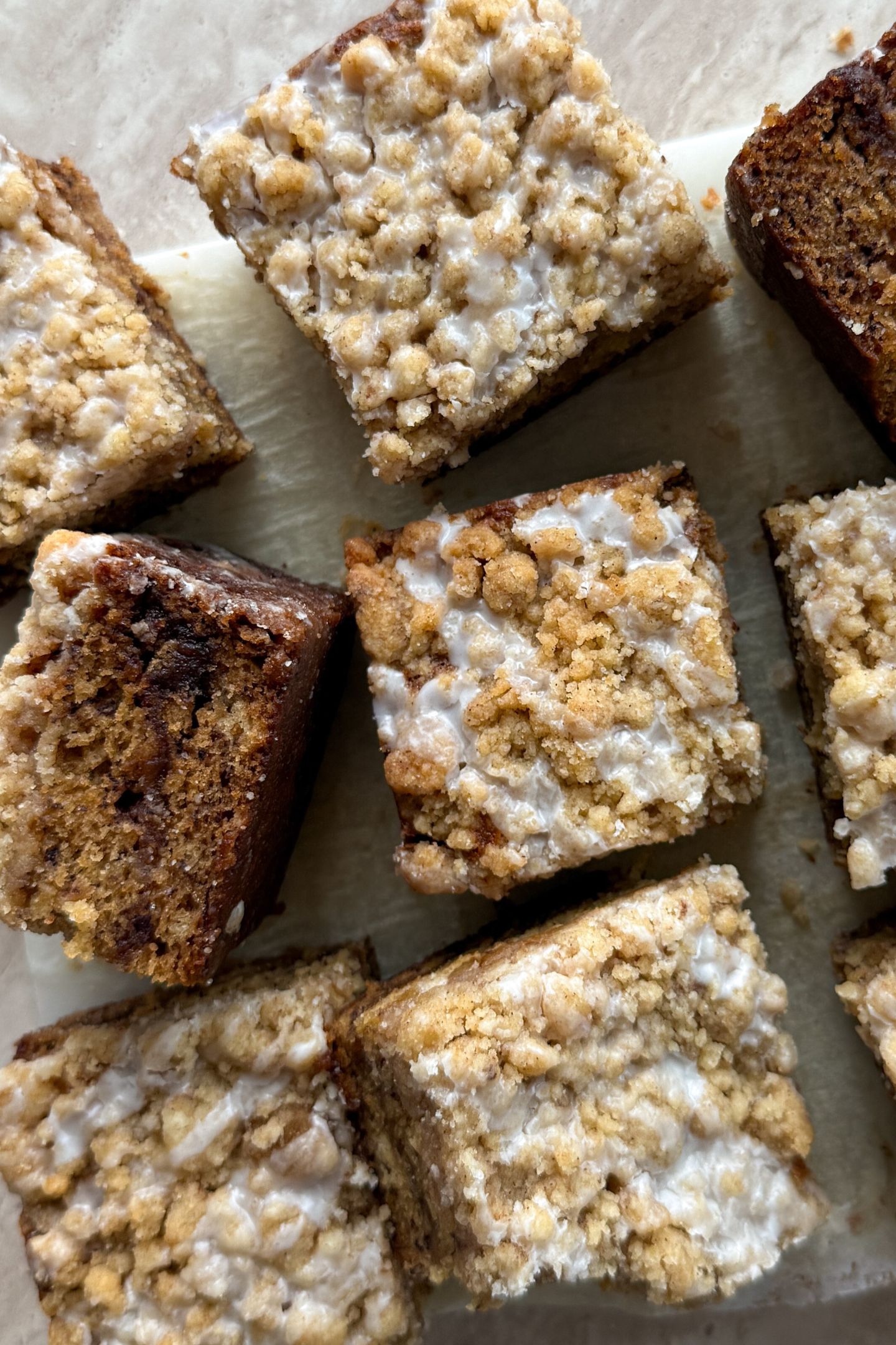 Banana coffee cake slices on a platter.