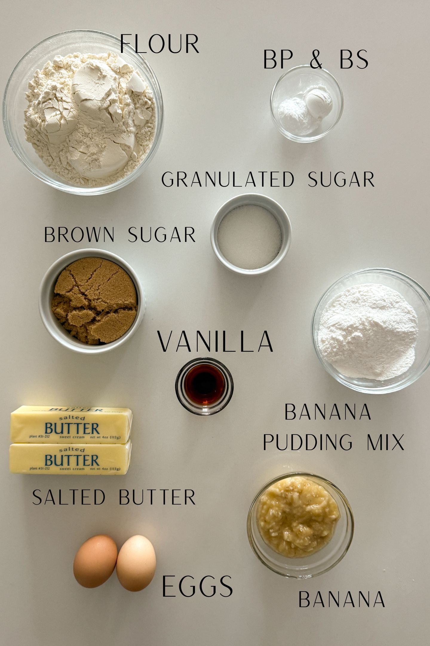 Ingredients measured out in bowls to make the banana pudding cookie.