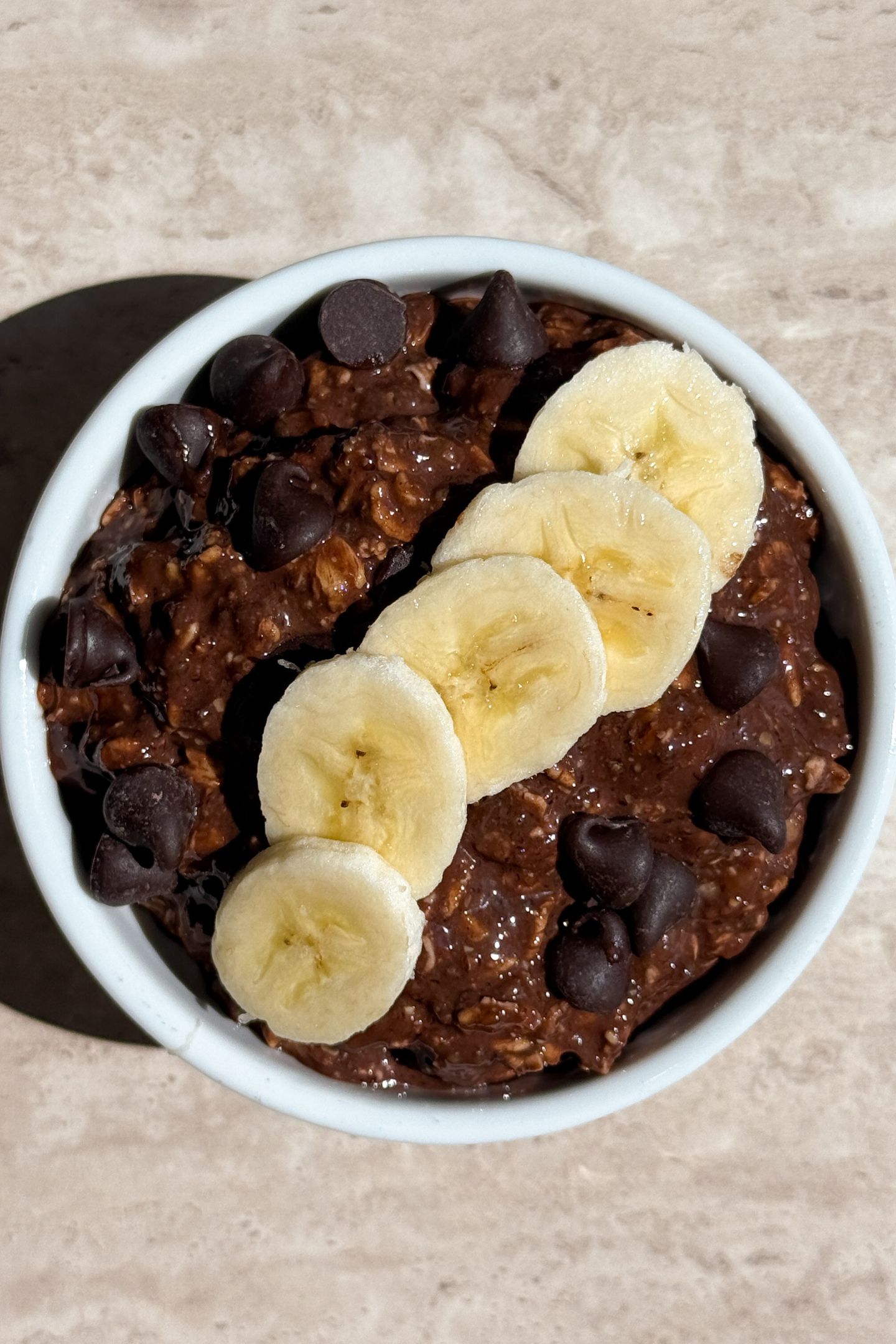 Birds Eye view of the chocolate and banana overnight oatmeal.