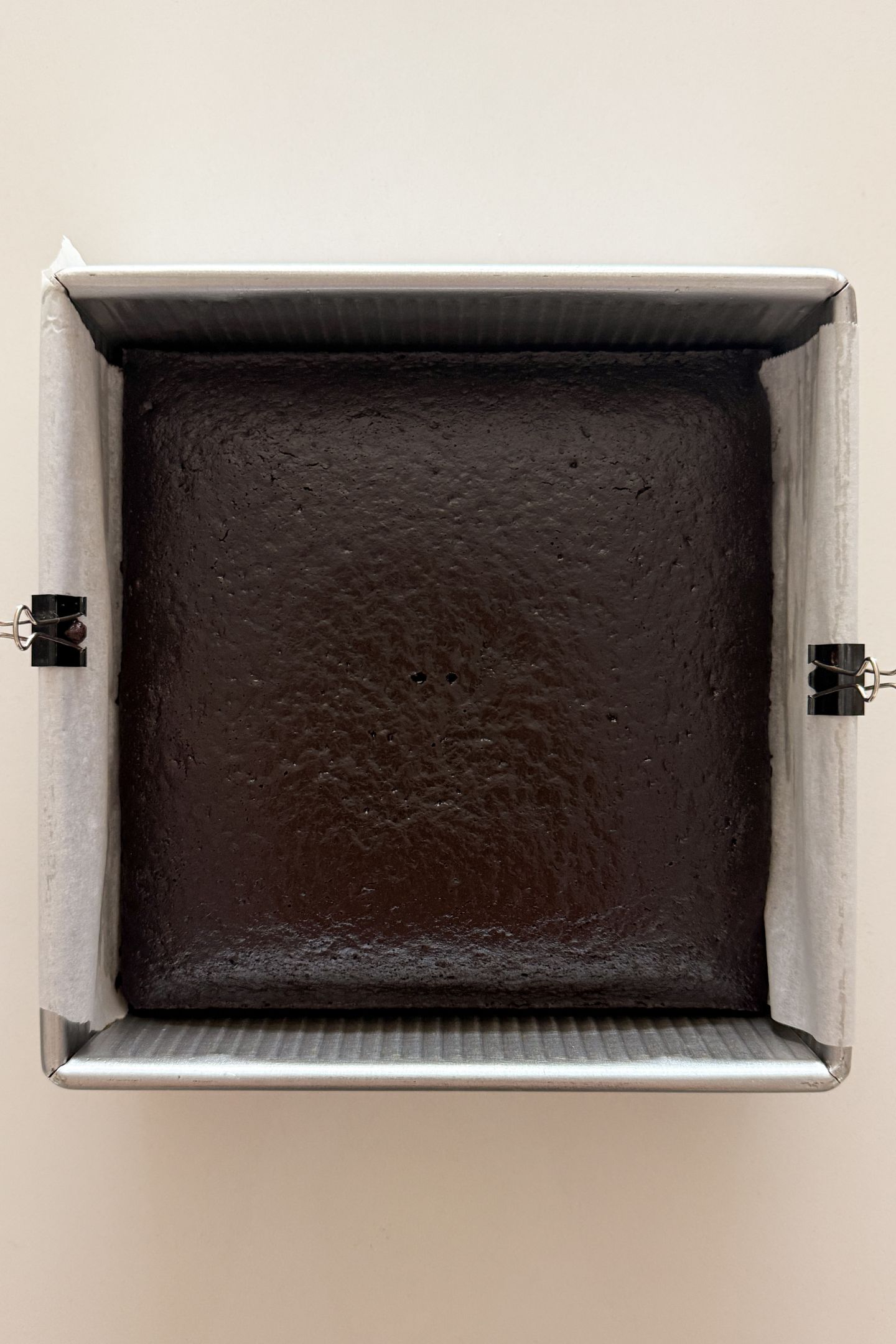 Baked chocolate cake in the pan.