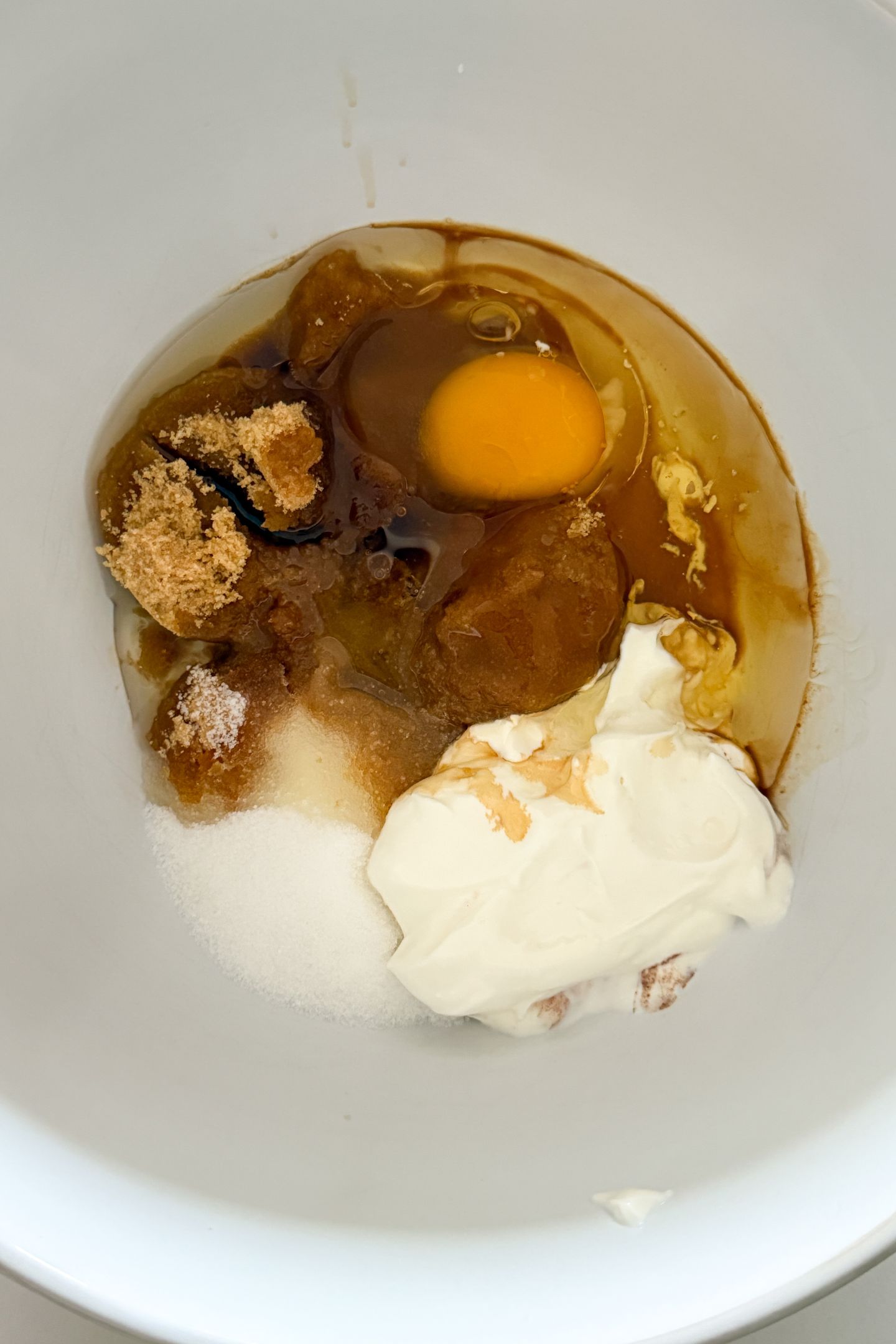 Wet ingredients in a mixing bowl.