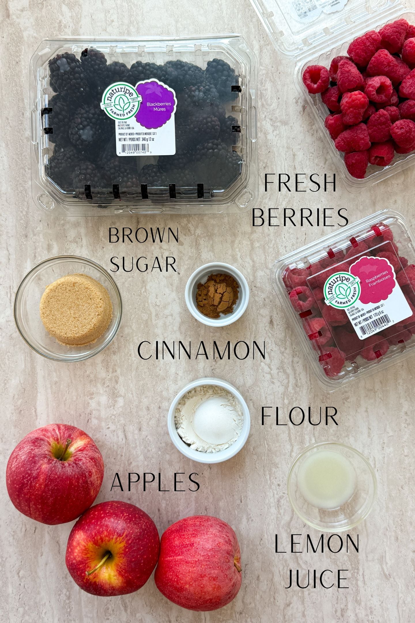 Ingredients measured out to make the berry and apple crisp.