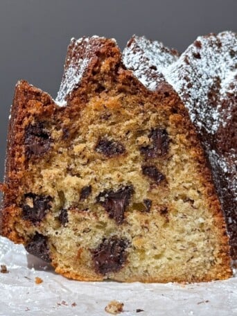 Banana Chocolate Chip Bundt Cake Cut to show the inside.