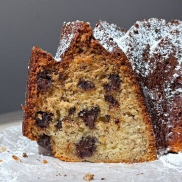 Banana Chocolate Chip Bundt Cake Cut to show the inside.