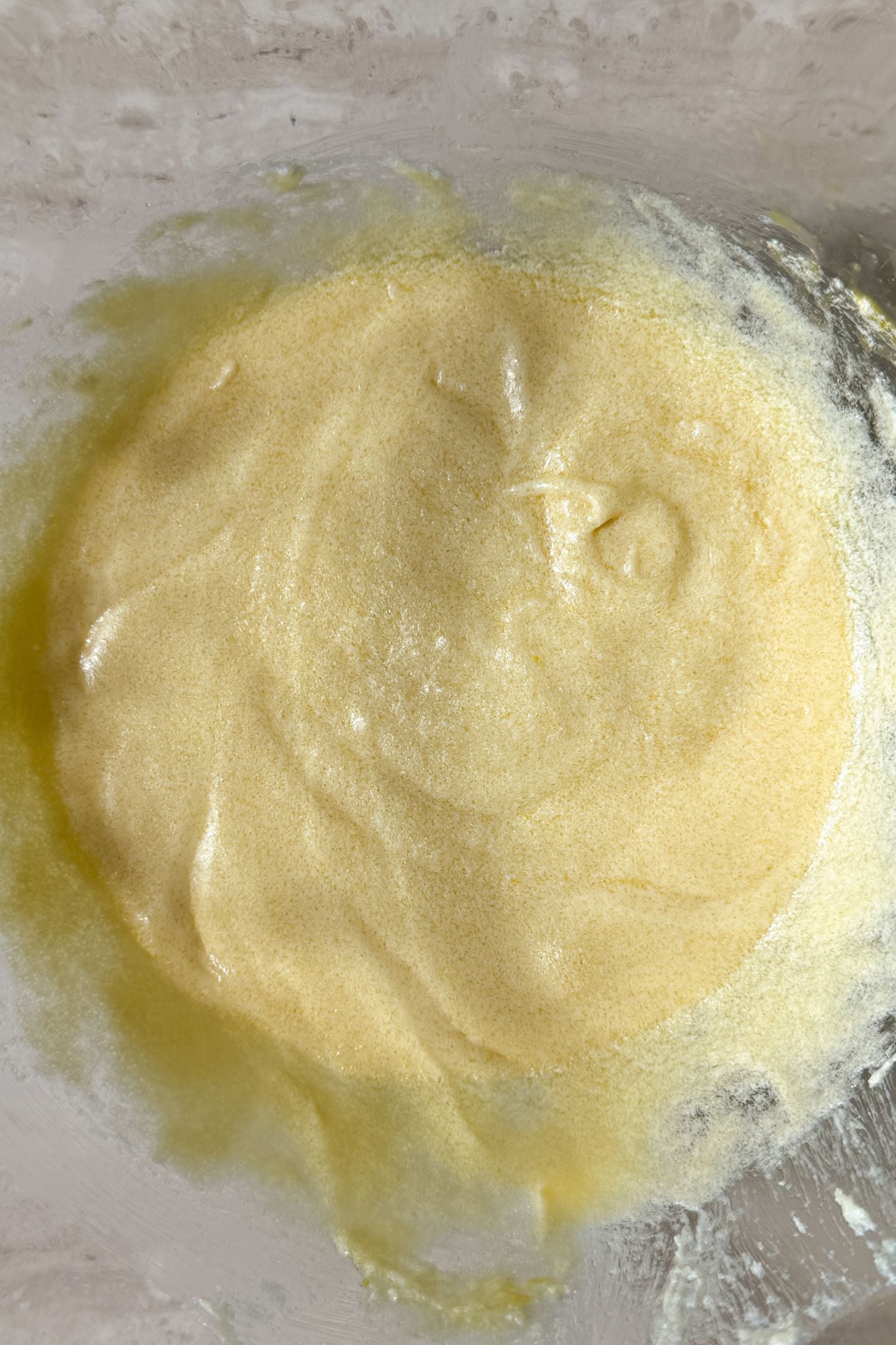 Wet ingredients combined together in the mixing bow.