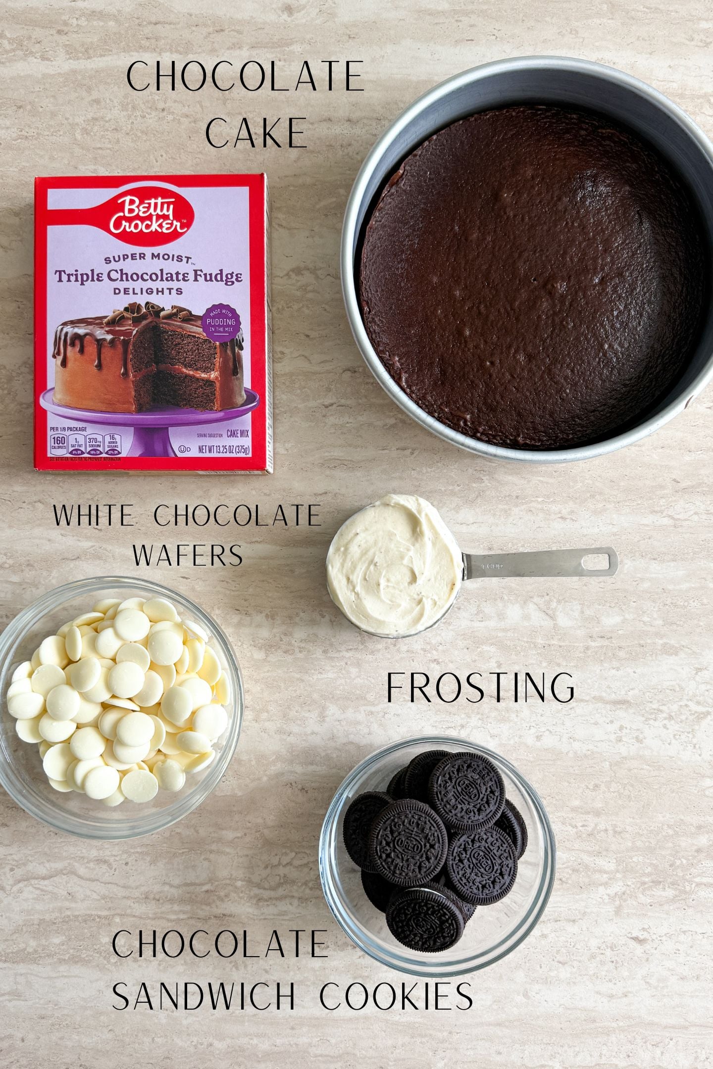 Ingredients measured out in bowls to make the Oreo Cake Pops.